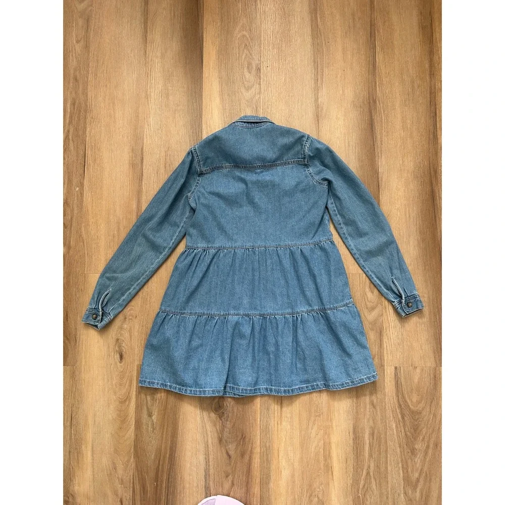 Free People nicole‎ Denim Tiered Babydoll Mini Dress chambray Blue S Boho preppy